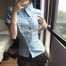 PEONIST 女款格紋斜扣短袖襯衫