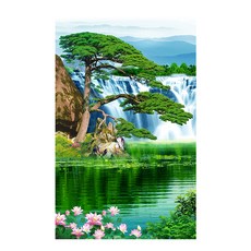 帶來好運的松樹東洋畫, 綠色 + 藍色 + 白色 + 棕色 + 粉紅色