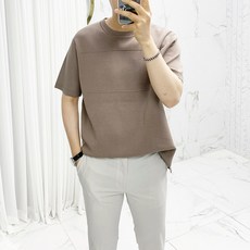 남성용 데끼 절개 트임 라운드 니트 반팔 티셔츠