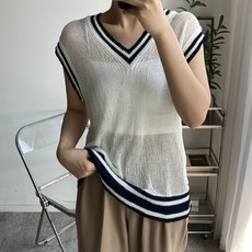 뜨개진 여성용 배색 시스루 브이 민소매 파미앙 조끼