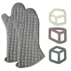 隔熱手套 44cm+3D矽膠鍋墊3件組, 1套, 銀色（烤箱手套）