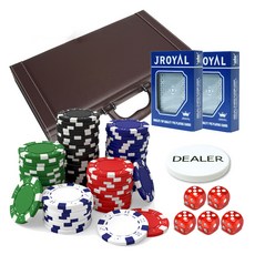 彩色籌碼 300入+棕色皮套+皇家撲克牌 2入+發牌員籌碼+骰子 5入, 隨機發送（芯片）