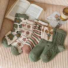 WODEMI 【5件1套】女款桃色拉絲綠花插畫厚重頸襪W647冬季女款