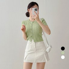 밀키버터 여성용 꽈배기 크롭 반팔 니트 가디건