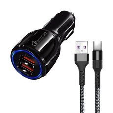 스위스윙거 퀵차지 3.0 듀얼 2포트 차량용 시거잭 고속 충전기 + QC3.0 5A 고속 충전 C타입 케이블 1m, 블랙(충전기), 블랙(케이블)