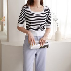 여성용 럽스 에이제이 줄무늬 크롭 사각넥 니트