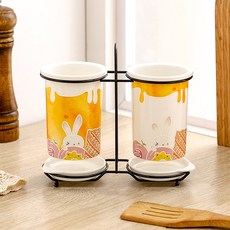 몬드스팟 토끼 세라믹 물빠짐 수저통 2구 + 받침대 2p + 꽂이 세트 YY57422, F, 1세트