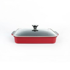MASI FIRENZE電磁爐適用雙耳長方形不沾煎烤盤+鍋蓋組 紅色, L(27*23*5cm), 1入