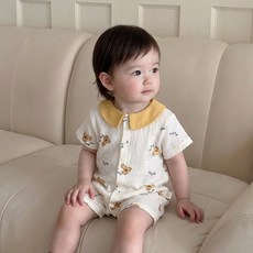 Bebeniz 新生兒用壓花圖案紗布短袖連身衣