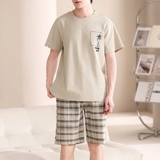 2'nd Pink 男士透氣黑標高級純棉短袖短褲睡衣套裝