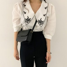 TheSirup 女款復古刺繡泡泡袖襯衫