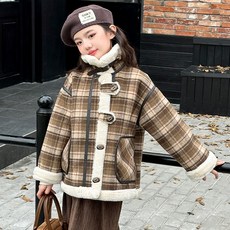 Orenjidamom 女童格紋扣環領人造皮革騎士外套