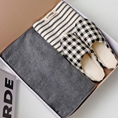 CASA VERDE 素色高級飯店毛巾 170g x 5入 30支精梳棉 + 紗染倫敦ST毛巾地墊 + 格紋圓頂拖鞋 + 禮盒組, 1套, 深灰色(毛巾), 灰色(地墊), 米色 黑色(拖鞋), 白色 + 黑色(禮盒)