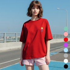 Moon Collection 男女通用 Peanuts 迷你 Logo 史努比 五分袖 寬鬆版 短袖 T恤, 紅色