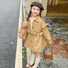 橘子媽媽 女童蝴蝶結口袋腰部袖子荷葉邊大衣