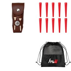 NAYASTYLE 高爾夫球袋 GFYP-140 + 塑膠高爾夫長球釘 185-5PU 10p + 球袋組合, 棕色(高爾夫球袋), 紅色(高爾夫球釘)