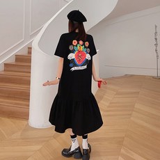 Lemon Soul Marning 短袖長版連身裙 含大尺碼, 黑色