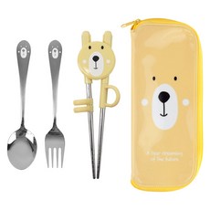 KitchenU 小熊第一階段學習筷餐具組, 1組, 勺+叉+直筷+盒, 混色