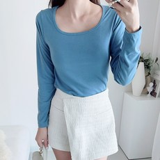 이지스튜디오 여성용 스퀘어 큐브 쫀쫀 세미 슬림 긴팔 티셔츠