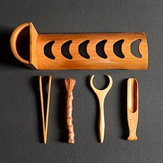 竹實木茶道杯架工具套組 5 件, 混色, 1套