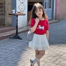 Starbean 女童小狗圖案夏季短袖針織衫