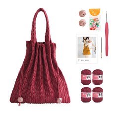 OliO yarna 단색 플리츠백 DIY 패키지 S, 710 딥라즈베리(뜨개실), 핑크(우드볼), 랜덤발송(단수링), 1세트