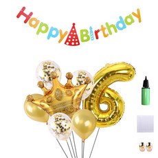 MINITTINE CROWN派對數字6氣球 金色 81cm + 生日快樂掛旗 彩虹 + 皇冠氣球 金色 + 五彩紙屑乳膠氣球 3入 + 乳膠氣球 金色 2入 + 點膠 + 緞帶 金色 + 緞帶 玫瑰金 2入 + 打氣筒 隨機出貨 套組, 混合顏色, 1套