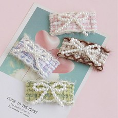 HARAROI 女童毛呢蓬鬆粗花呢珍珠蝴蝶結BB夾4件組