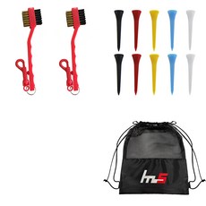 NAYASTYLE 高爾夫球桿頭清潔器 2入 + 塑膠高爾夫標準球釘 10入 + 收納袋組合 GFYP-32-1+167-2PU, 隨機出貨(高爾夫球釘)