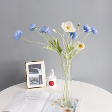 MORIANN 罌粟花人造花 + 長款Nimo玻璃花瓶, 藍色+白色