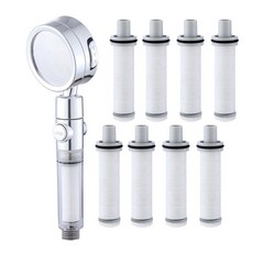 Winprice 三段出水旋轉過濾蓮蓬頭附止水開關+替換濾芯 8入組, 1組, 銀色(蓮蓬頭)