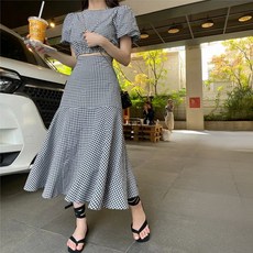 Paperments 泡泡袖短版上衣 A字格紋長裙 兩件式套裝 10461