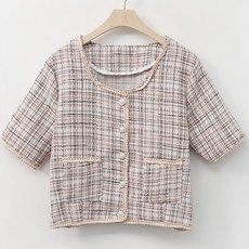 티탁 여성용 데일리 노칼라 라운드넥 진주버튼 꼬임라인 숏 체크 트위드 반팔 재킷 TTCE70