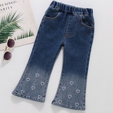 EYOUMONG 兒童修身版鬆緊腰愛心刺繡丹寧靴型長褲 E6S024