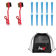 NAYASTYLE 高爾夫球桿頭清潔劑 2入 + 塑膠高爾夫長球釘 10入 + 收納袋組合 GFYP-32-1+185-2PU, 混合顏色