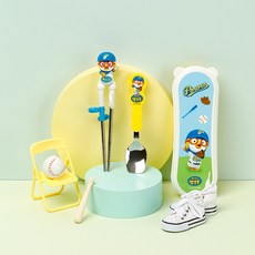 Edison 兒童棒球Pororo簡易不鏽鋼湯匙筷子盒組 右手用, 藍色, 筷子 + 湯匙 + 收納盒, 1套