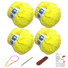 행복뜨기 슈퍼베이비 뜨개실 4p + 바늘 6mm + 돗바늘 + 가죽 라벨 + 목도리 도안 세트, 1세트, 파스텔노랑