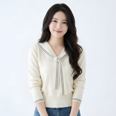 Goodif 女款水手領針織蝴蝶結點綴柔美修身日常百搭長袖上衣