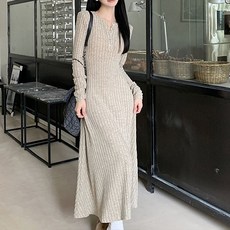 구디프 여성용 V슬릿 골지 롱 니트 원피스