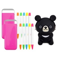 口袋螢光筆 2入 + 矽膠小熊收納袋, 粉紅色(螢光筆), 隨機出貨(收納袋), 1套