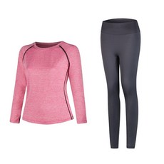 Nayastyle 女性瑜珈服長袖上衣 全粉紅 + 緊身褲套組 0536
