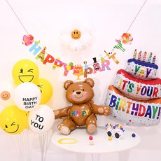 PARTYSHOW 雛菊銀箔生日派對氣球三層蛋糕小熊套組, 1套, HAPPY小熊