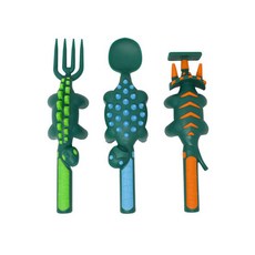 Constructive Eating 恐龍造型叉匙3件組, 綠色, Fork+Pusher+Spoon