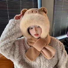 Parajuni 可愛風小熊圍巾一體式防寒戶外帽 HJ0947, 米色, 1個