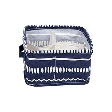 海軍藍手繪圖案4格棉麻內衣襪子收納盒 04, 1個