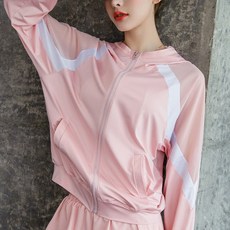 I Love Fit女款白色線條蝙蝠袖連帽拉鍊外套