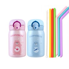 彈蓋式保溫瓶 2入+吸管 6入組, 粉紅色+天空藍, 250ml, 1組