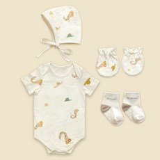 Ikii Eki新生兒有機短袖連身衣+帽子+襪子+手套 4件組