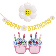 joyparty 雛菊生日拉旗 + 小型氣球 + 生日杯子蛋糕眼鏡組, 1套, 粉紅色(眼鏡)