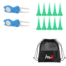 NAYASTYLE 高爾夫果嶺叉修補器 2入 + HDPE 高爾夫短球釘 10入 + 收納袋套組 GFYP-39-3+163-2PU, 混合顏色